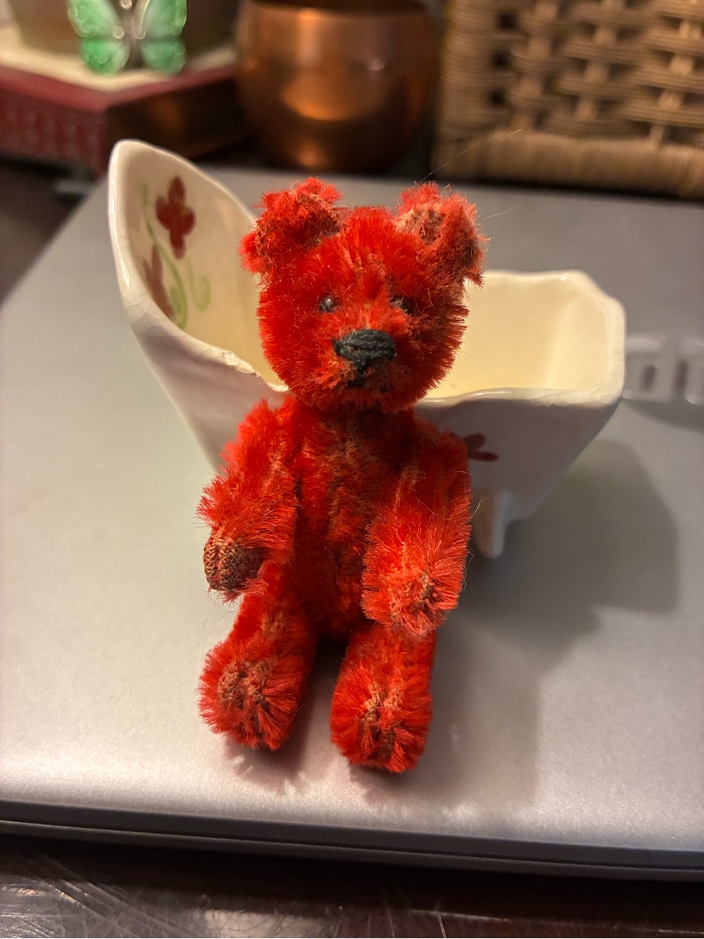 Bright Red Schuco Mohair Bear Perfume Bottle-Rare 1930’s